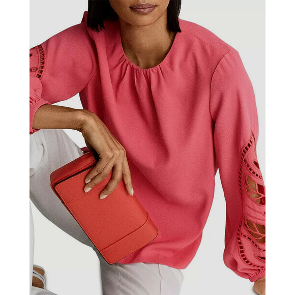 Reiss Belle Laser Cutout Blouse Size 4 Coral Pink Rose Keyhole Long Sleeve Top - Picture 12 of 12